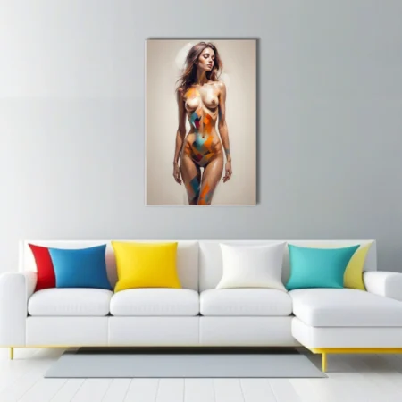Abstract nude figure study with bold geometric color overlays, warm earthy tones