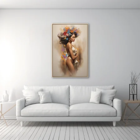 Painterly semi-abstract portrait with floral crown, warm tones and bold botanical color
