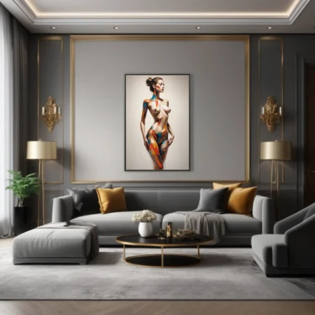 Contemporary figure study with bold cerulean, orange, and ochre strokes across a stylized nude form