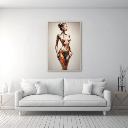 Contemporary figure study with bold cerulean, orange, and ochre strokes across a stylized nude form