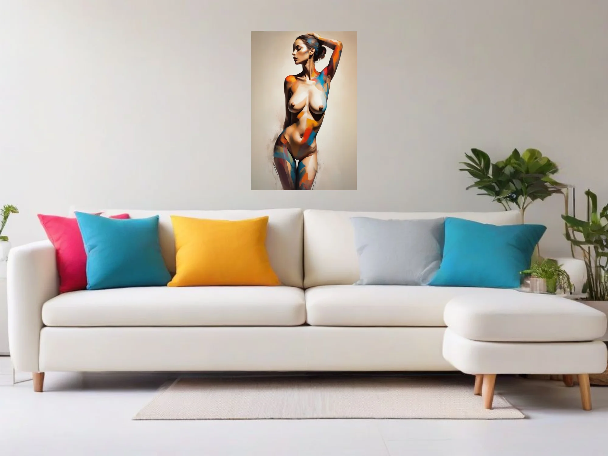 Painterly abstract nude figure study in cobalt, vermilion and ochre strokes on pale ground