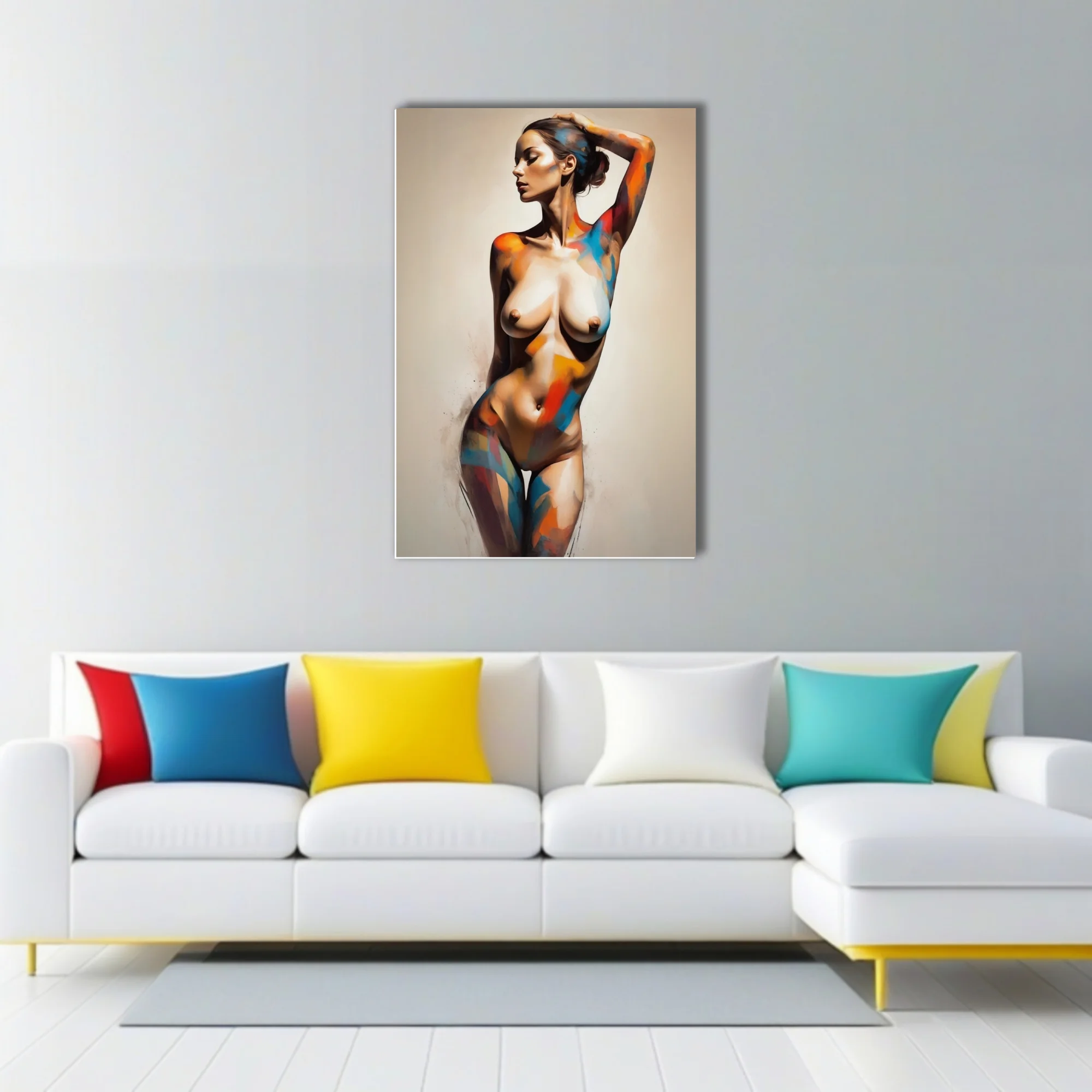 Painterly abstract nude figure study in cobalt, vermilion and ochre strokes on pale ground