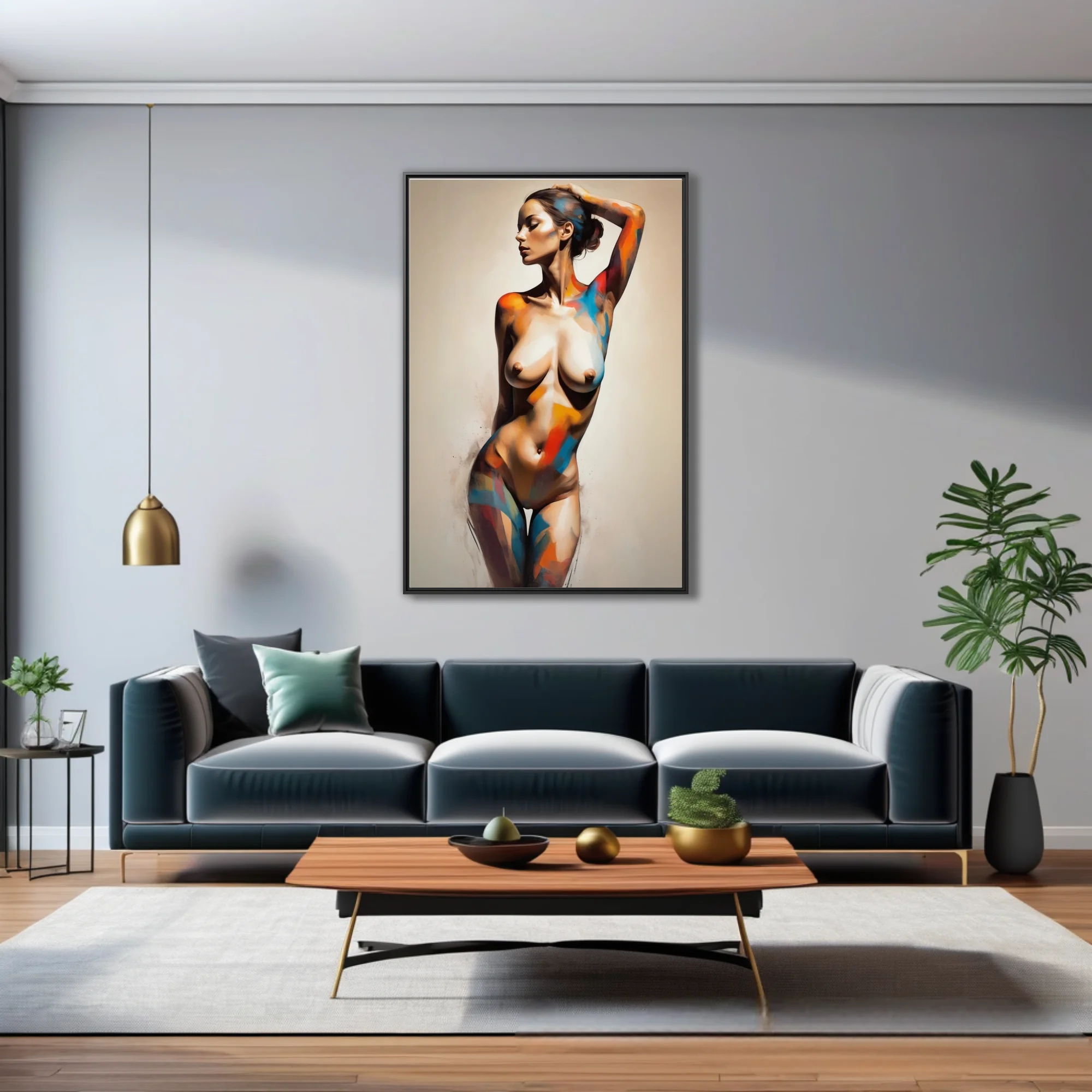 Painterly abstract nude figure study in cobalt, vermilion and ochre strokes on pale ground