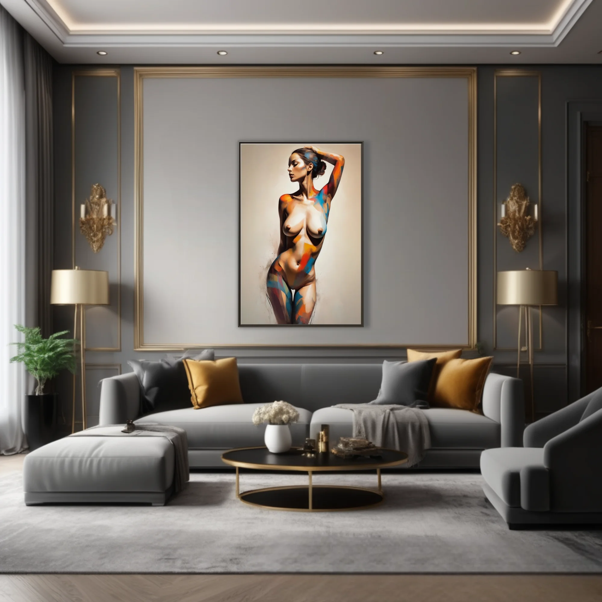 Painterly abstract nude figure study in cobalt, vermilion and ochre strokes on pale ground