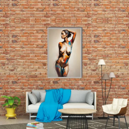 Painterly abstract nude figure study in cobalt, vermilion and ochre strokes on pale ground