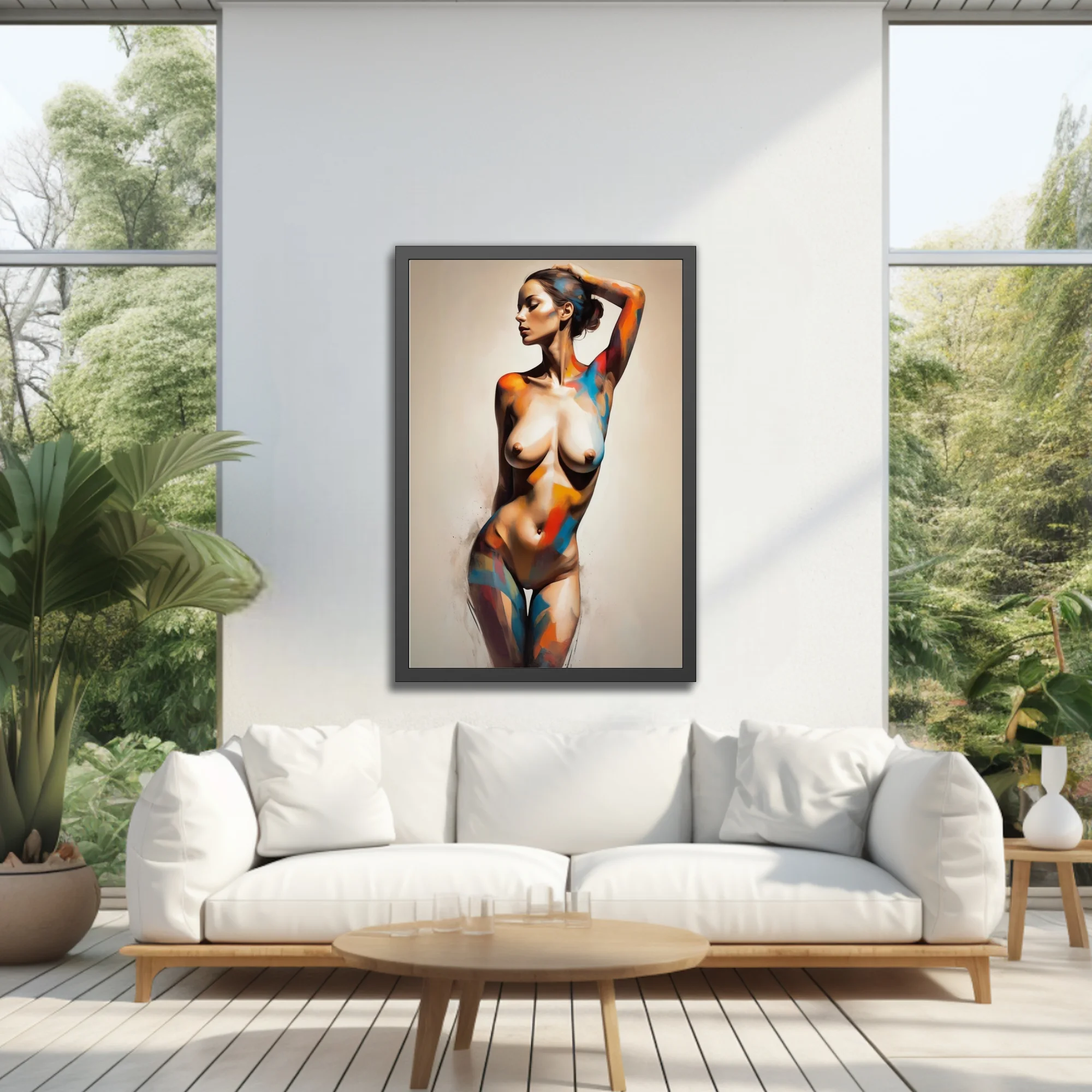 Painterly abstract nude figure study in cobalt, vermilion and ochre strokes on pale ground