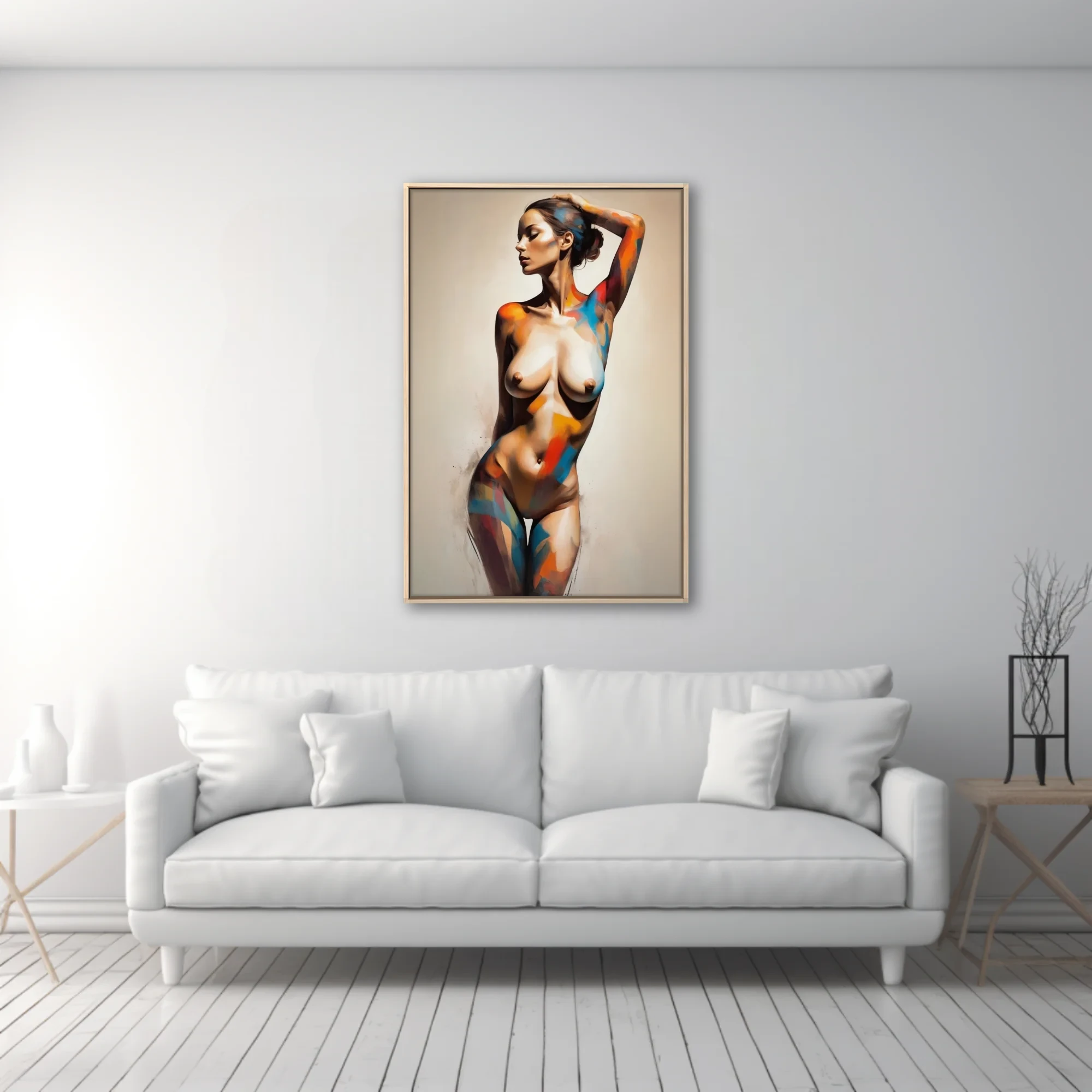 Painterly abstract nude figure study in cobalt, vermilion and ochre strokes on pale ground