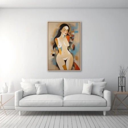 Mid-century modern abstract nude figure study, warm earthy tones with blue geometric blocks