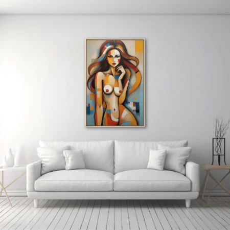 Abstract nude figure study, warm ochre and primary color blocks, mid-century style