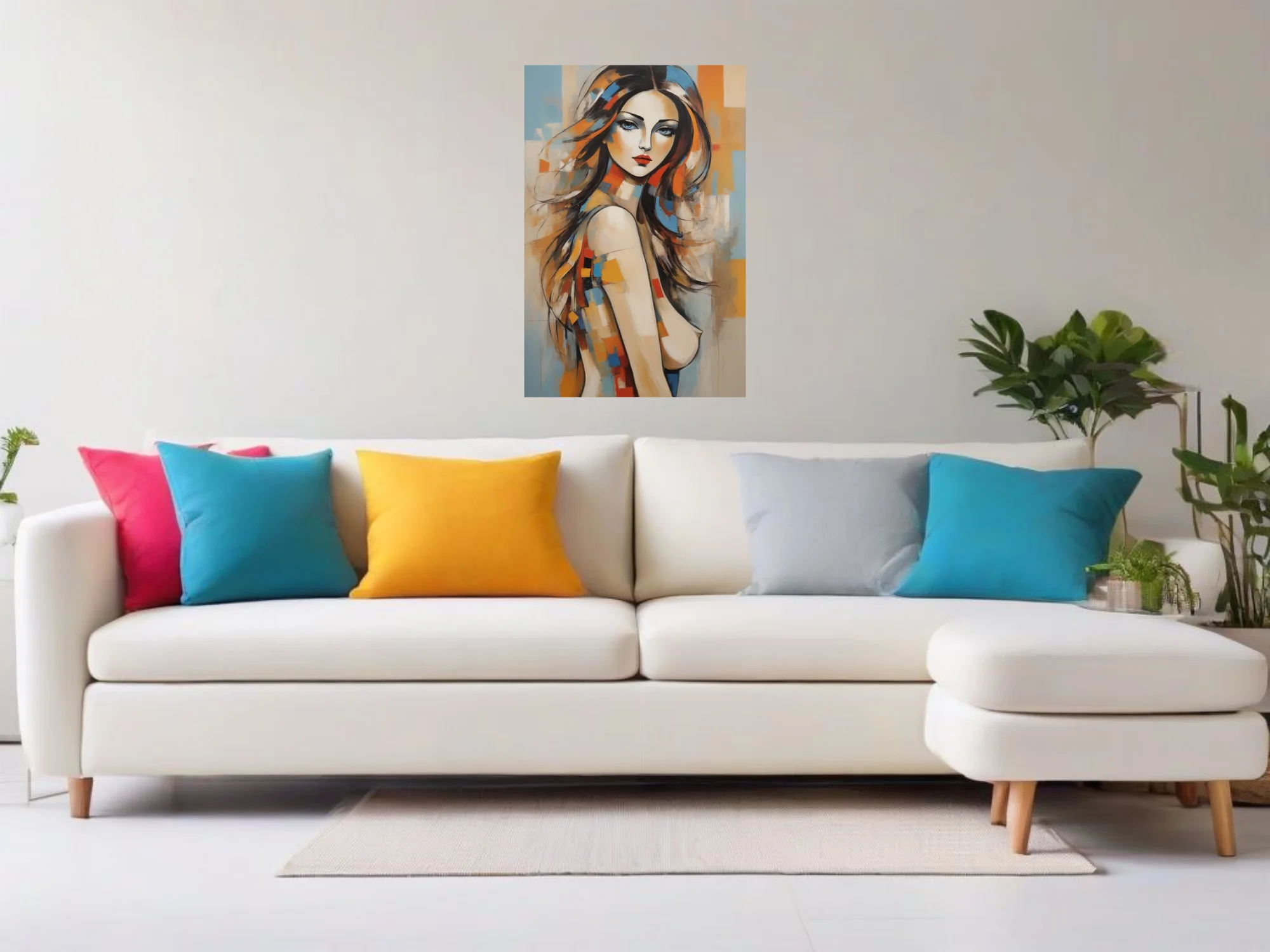 Contemporary abstract portrait of a woman with flowing hair and bold orange and blue color blocks