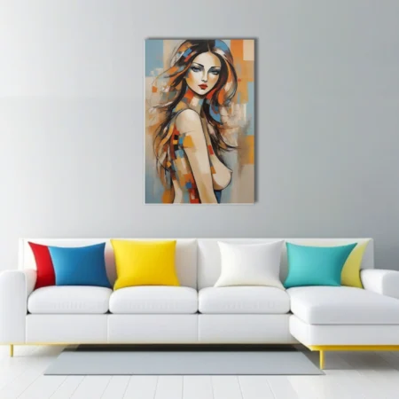Contemporary abstract portrait of a woman with flowing hair and bold orange and blue color blocks