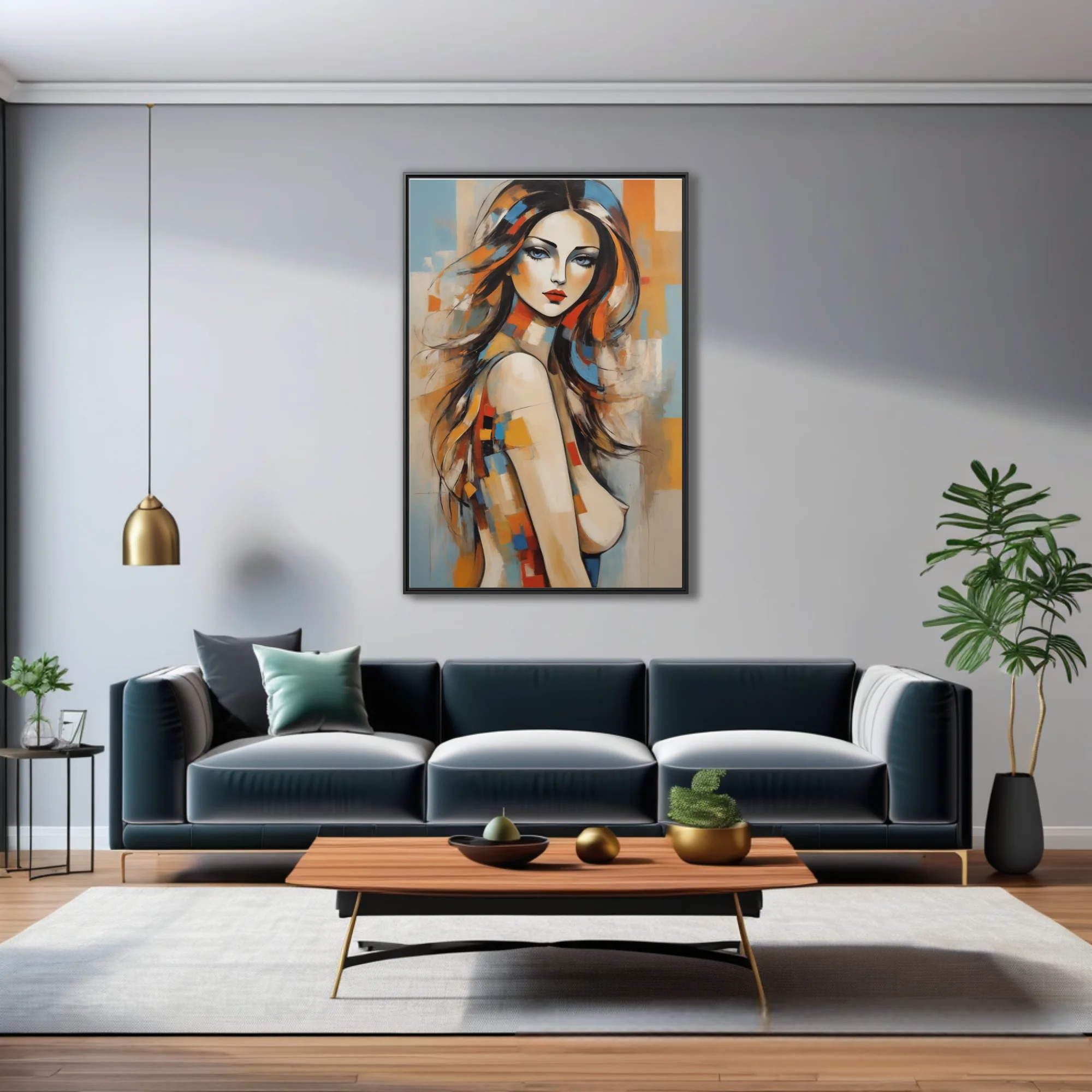 Contemporary abstract portrait of a woman with flowing hair and bold orange and blue color blocks