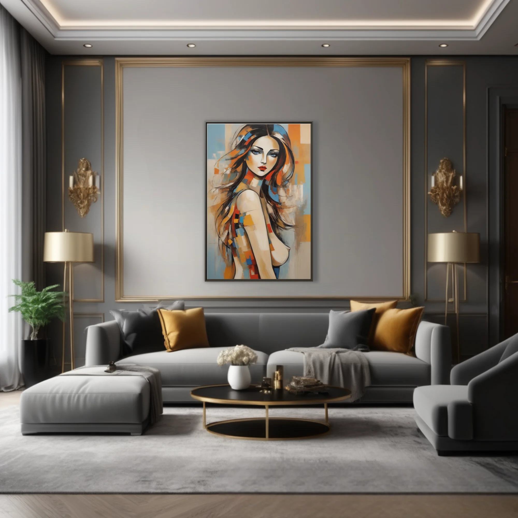 Contemporary abstract portrait of a woman with flowing hair and bold orange and blue color blocks