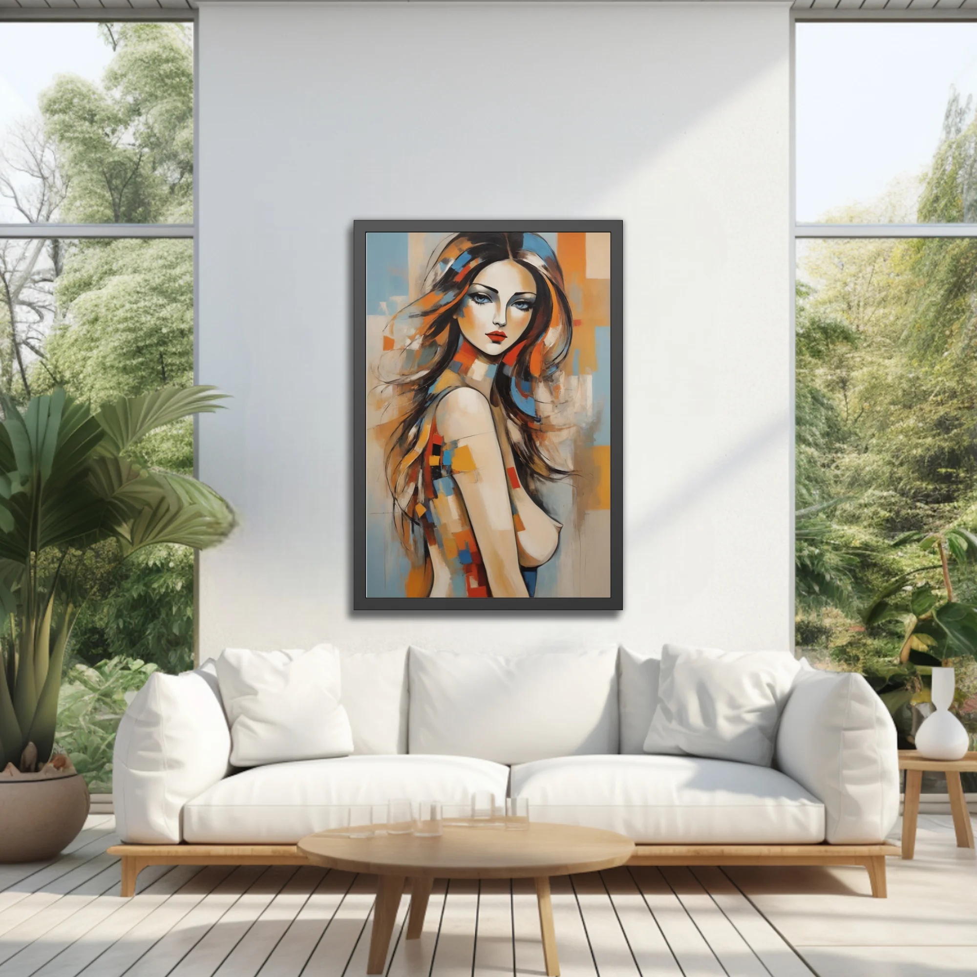 Contemporary abstract portrait of a woman with flowing hair and bold orange and blue color blocks