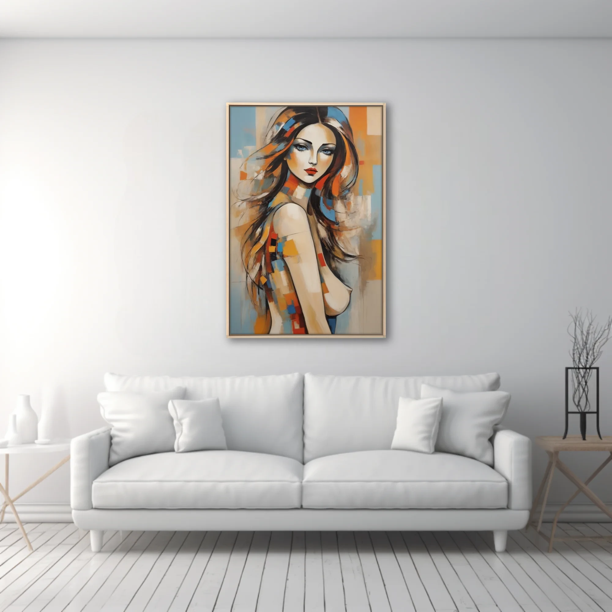 Contemporary abstract portrait of a woman with flowing hair and bold orange and blue color blocks