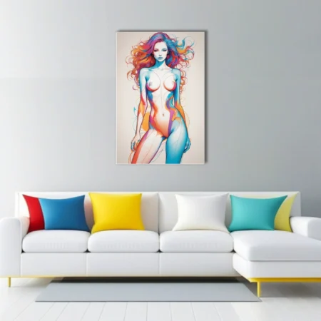 Abstract female figure study with vivid rainbow ink-style washes and fluid line art