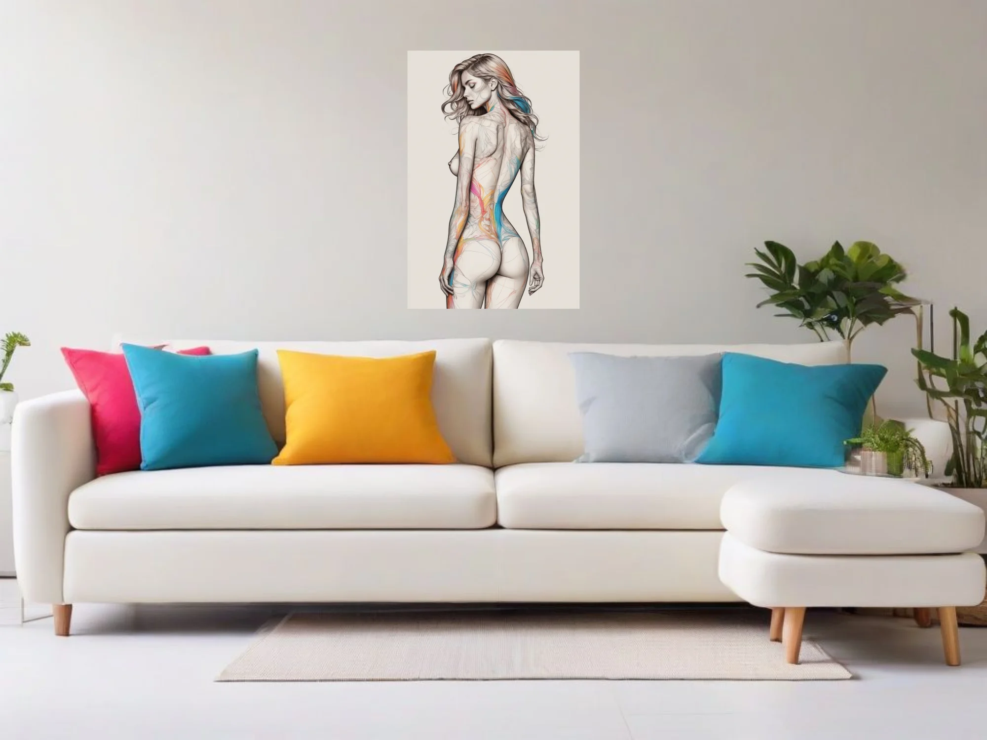 Colorful abstract figure study line art, pencil-style female form with rainbow color flows