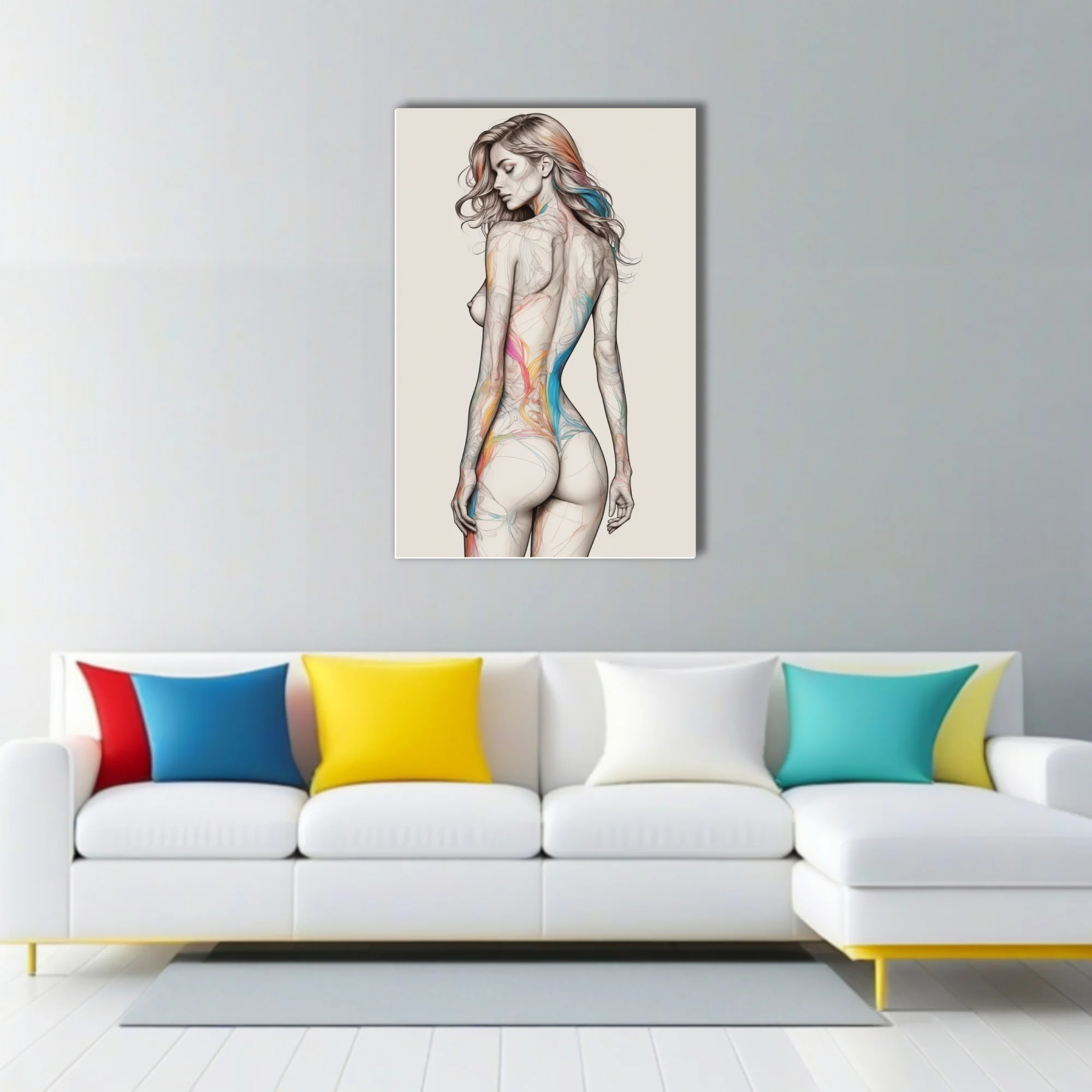 Colorful abstract figure study line art, pencil-style female form with rainbow color flows