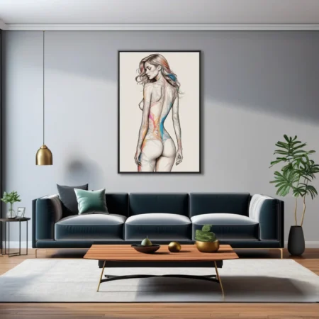 Colorful abstract figure study line art, pencil-style female form with rainbow color flows