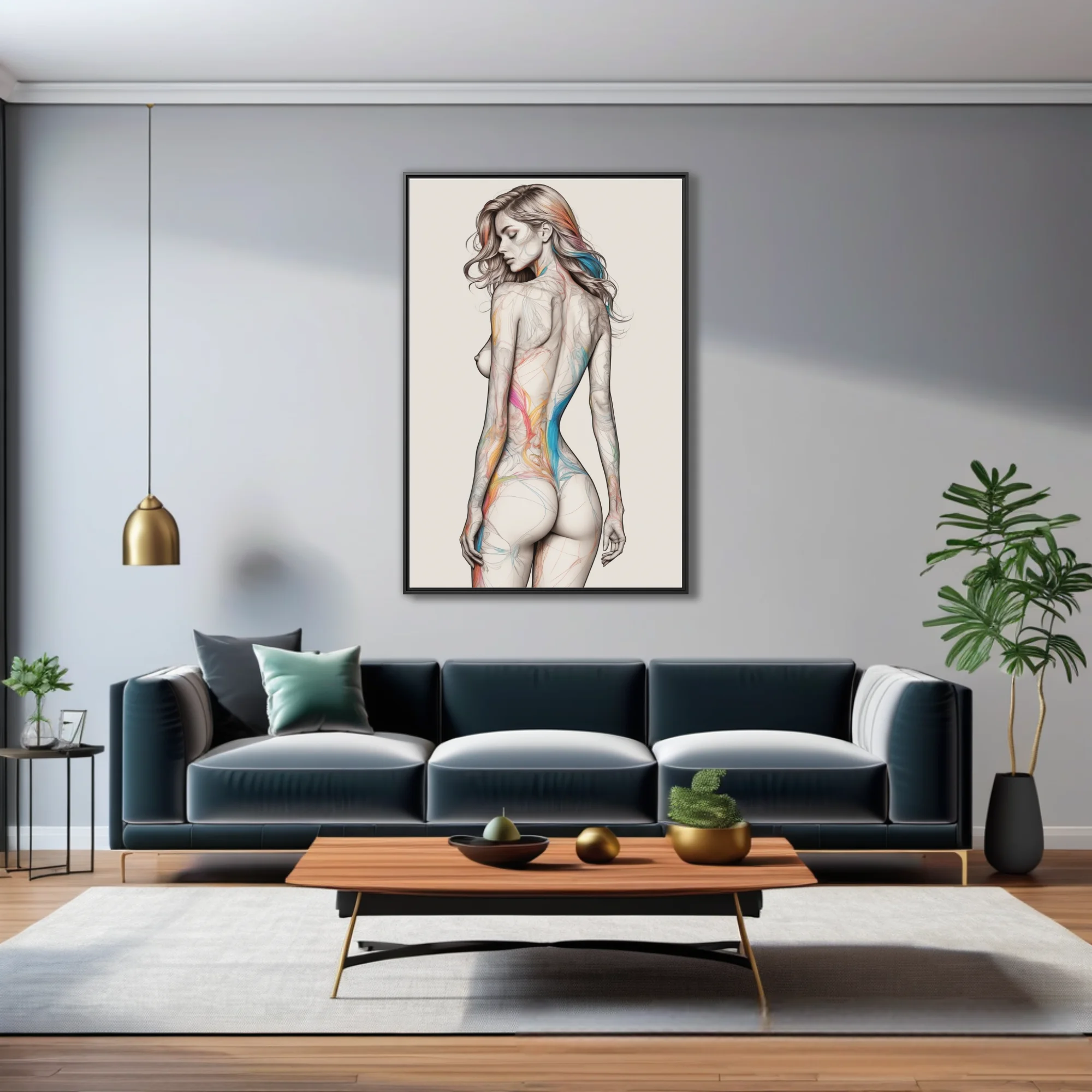 Colorful abstract figure study line art, pencil-style female form with rainbow color flows