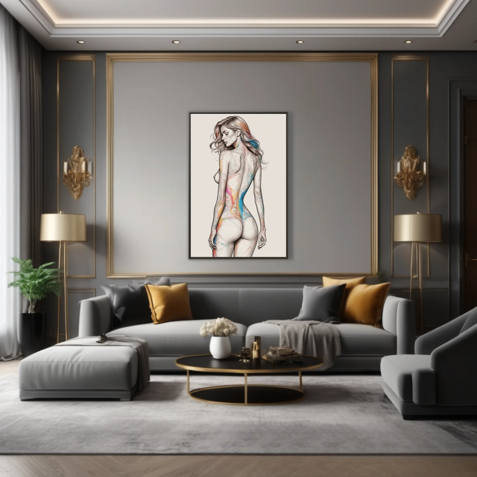 Colorful abstract figure study line art, pencil-style female form with rainbow color flows