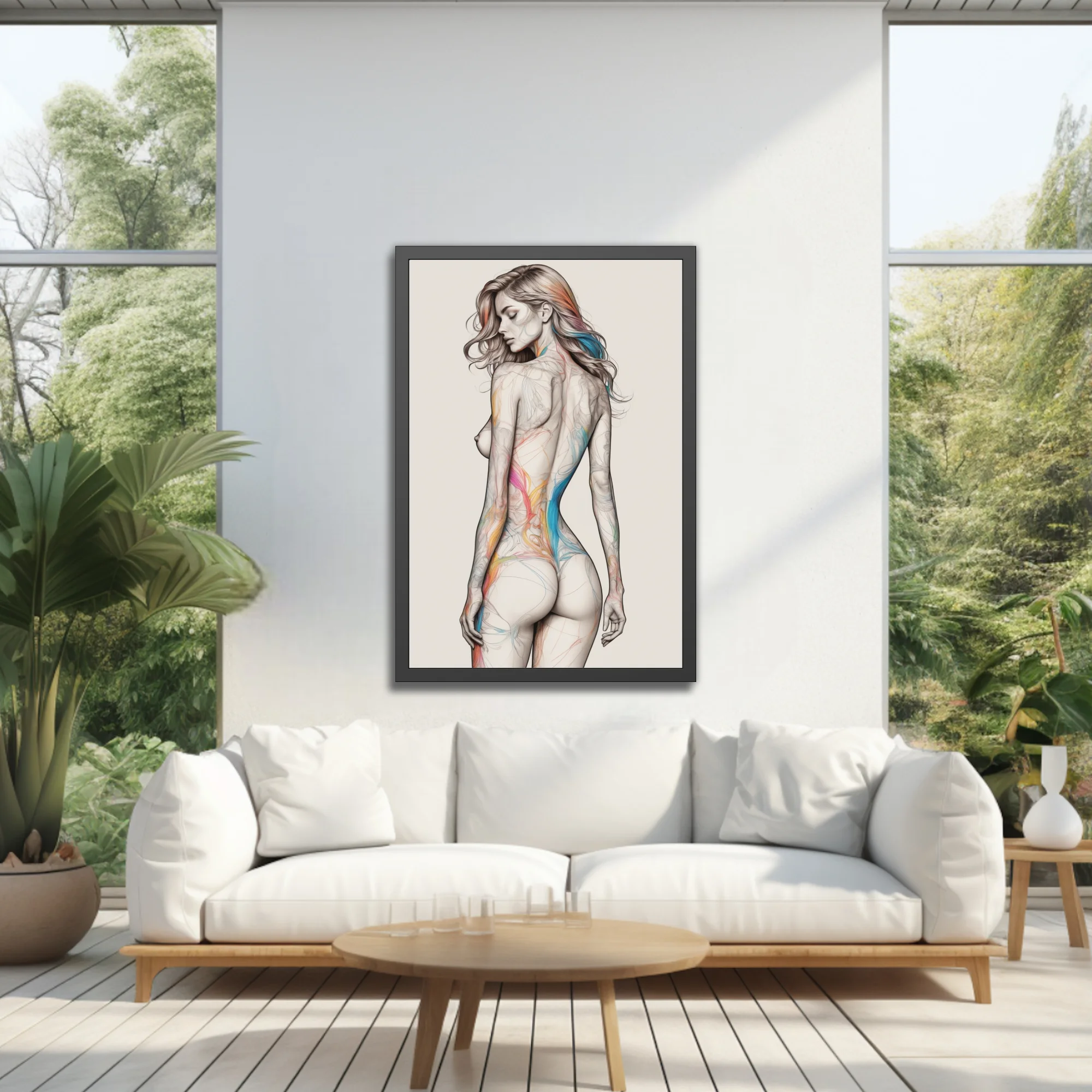Colorful abstract figure study line art, pencil-style female form with rainbow color flows
