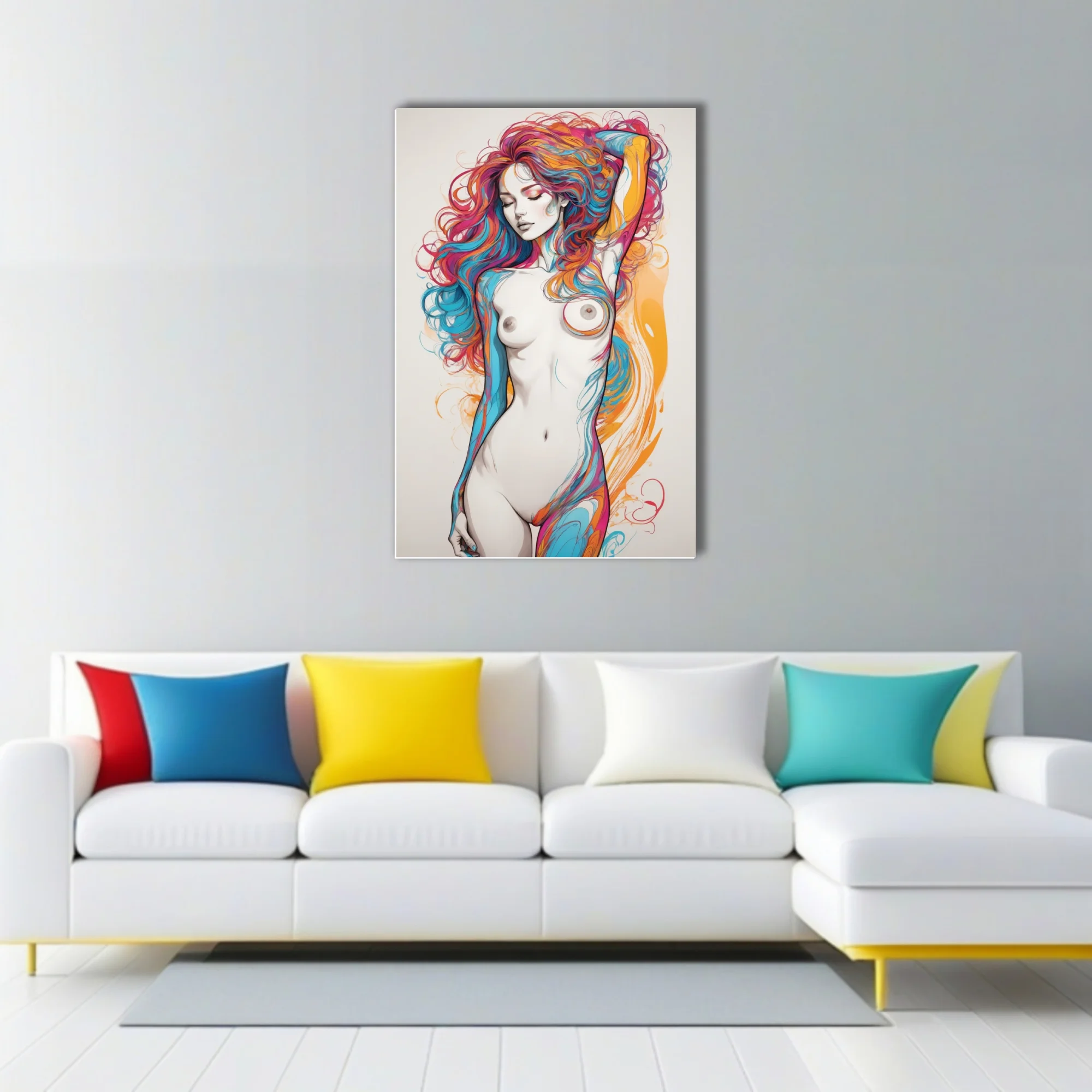 Colorful abstract nude figure study with vibrant ink-style swirls in cyan magenta and amber