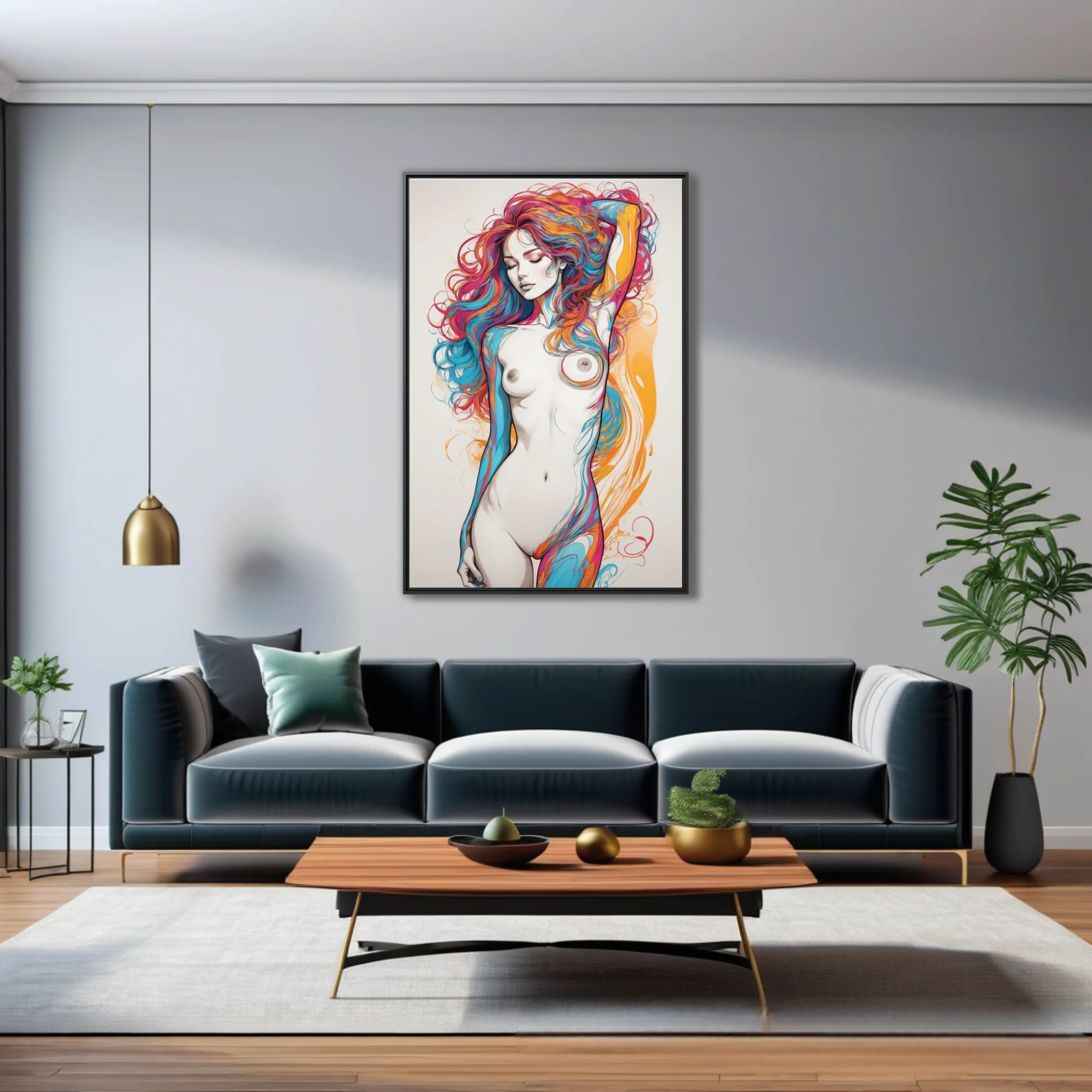 Colorful abstract nude figure study with vibrant ink-style swirls in cyan magenta and amber