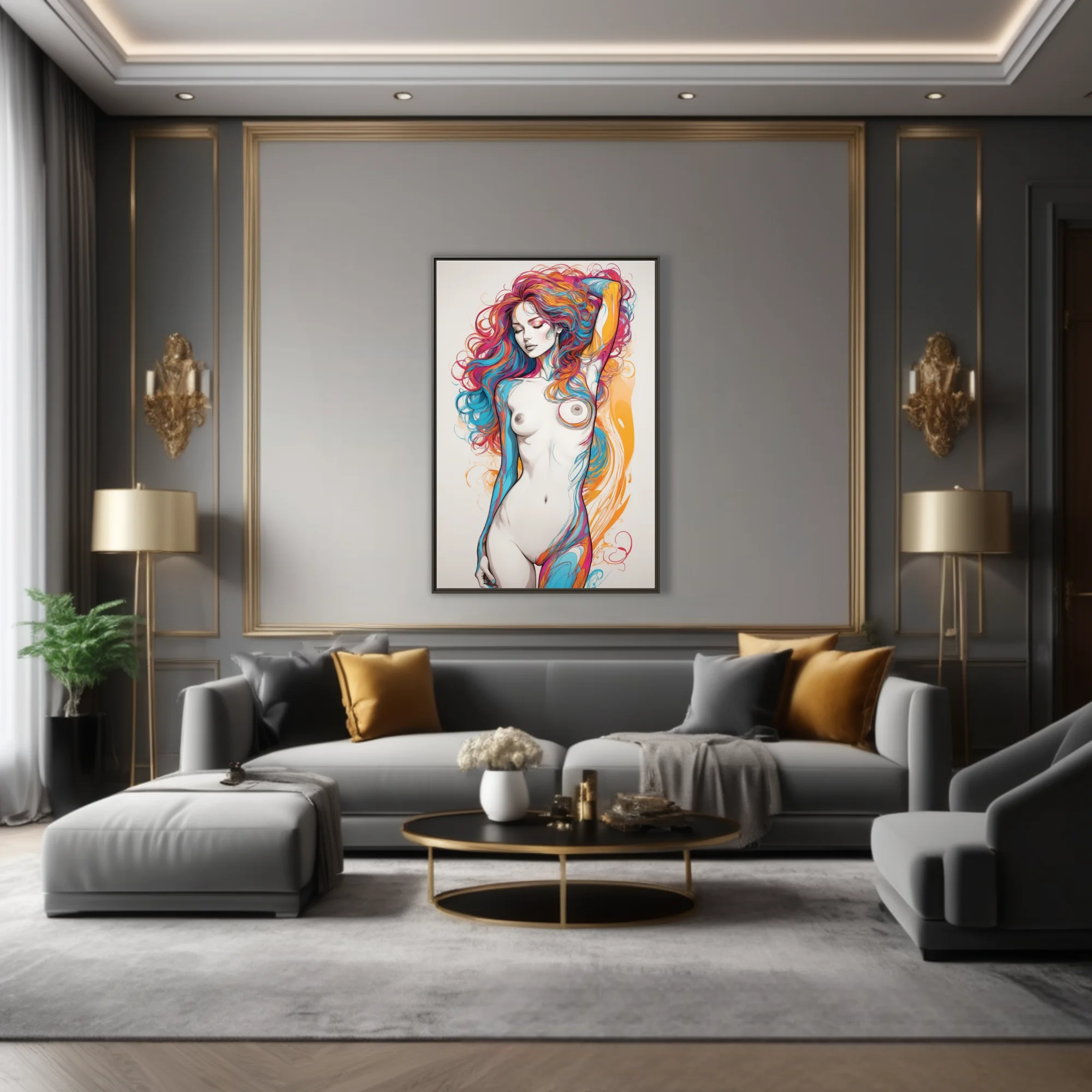 Colorful abstract nude figure study with vibrant ink-style swirls in cyan magenta and amber
