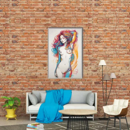 Colorful abstract nude figure study with vibrant ink-style swirls in cyan magenta and amber