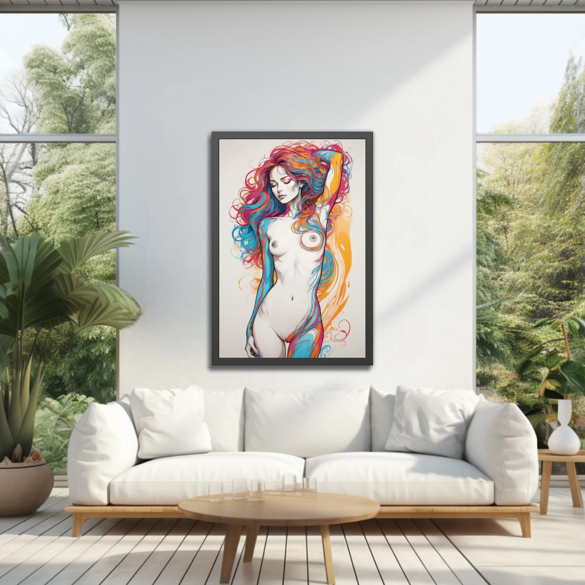 Colorful abstract nude figure study with vibrant ink-style swirls in cyan magenta and amber