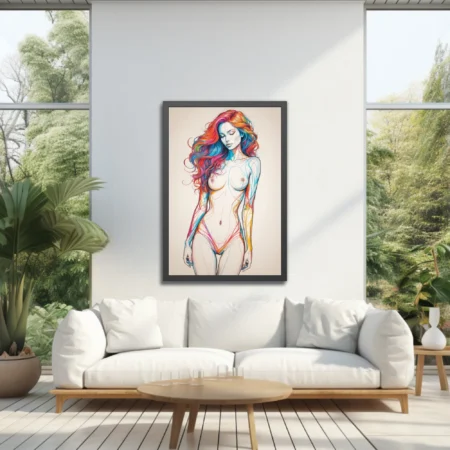 Rainbow line-art figure study with colorful flowing hair and expressive ink-style body lines