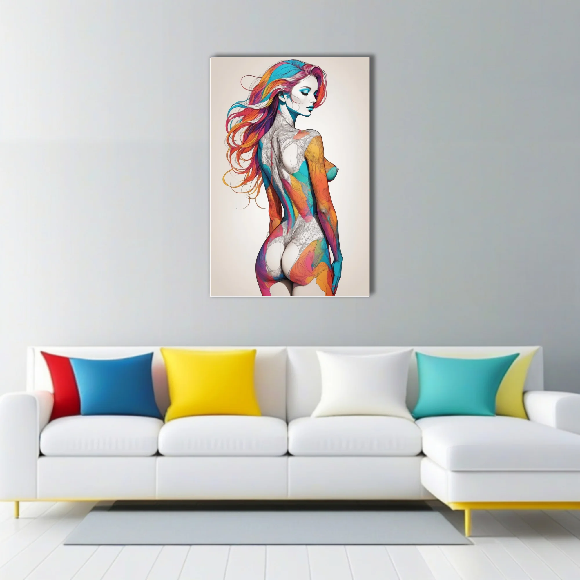 Colorful abstract figure study with rainbow hair and bold ink-style linework on white
