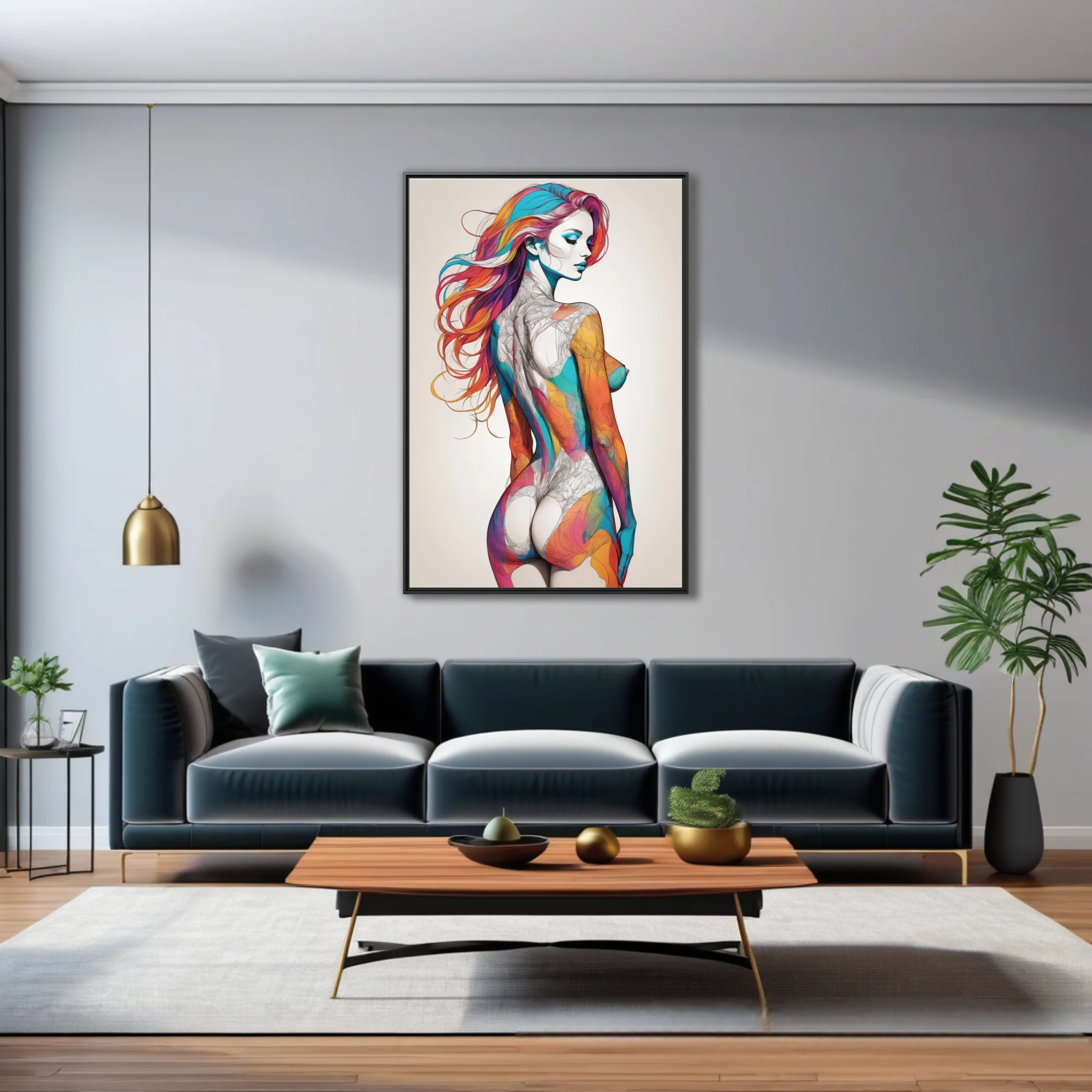 Colorful abstract figure study with rainbow hair and bold ink-style linework on white