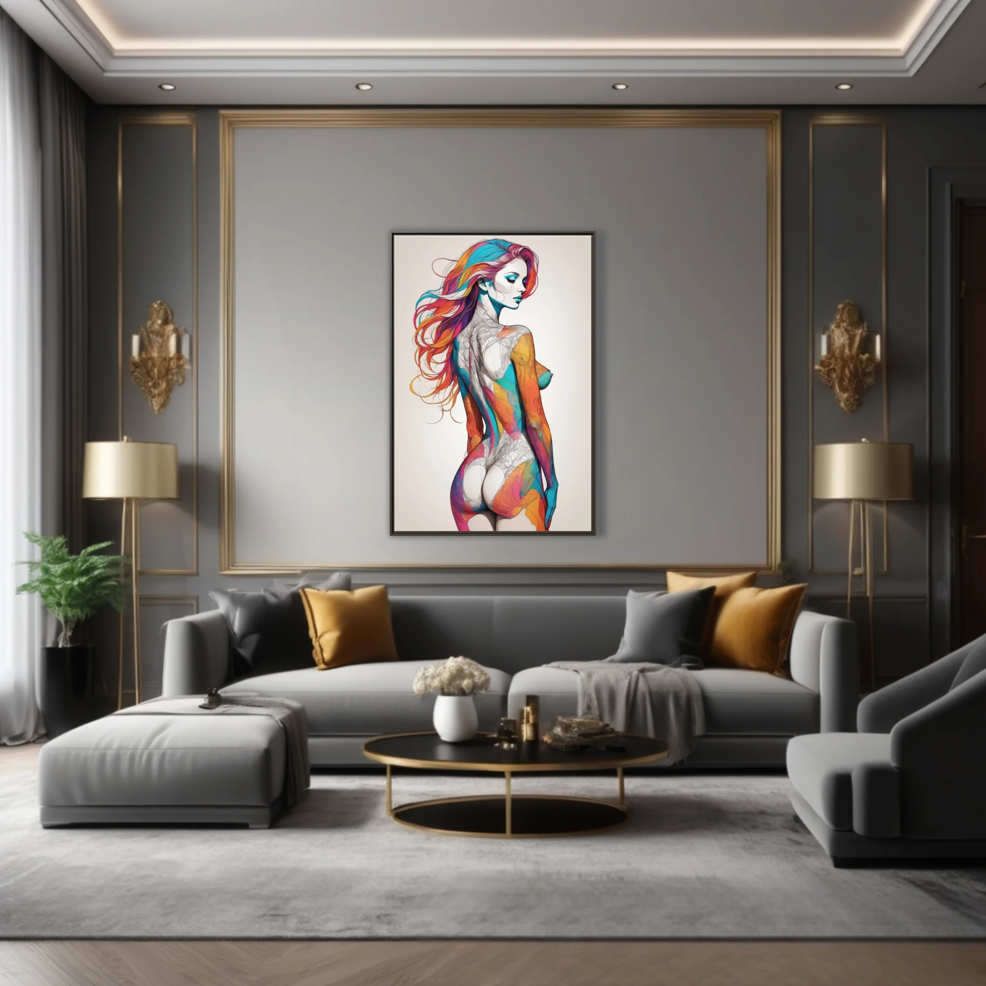 Colorful abstract figure study with rainbow hair and bold ink-style linework on white