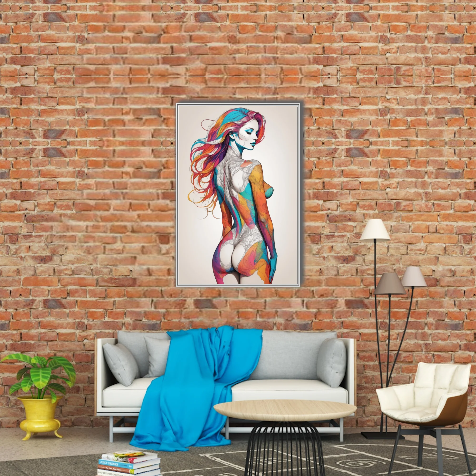 Colorful abstract figure study with rainbow hair and bold ink-style linework on white