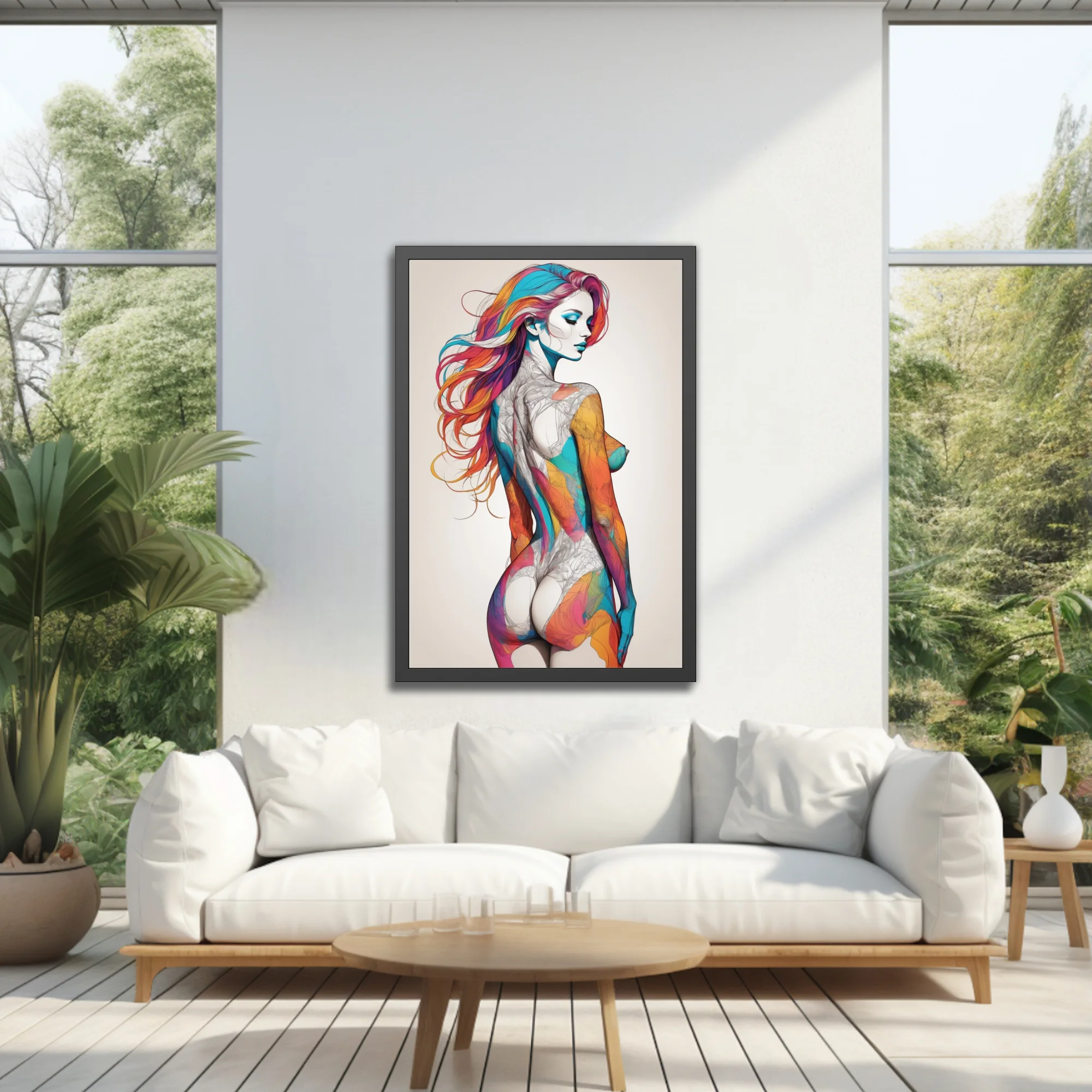 Colorful abstract figure study with rainbow hair and bold ink-style linework on white