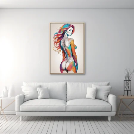 Colorful abstract figure study with rainbow hair and bold ink-style linework on white