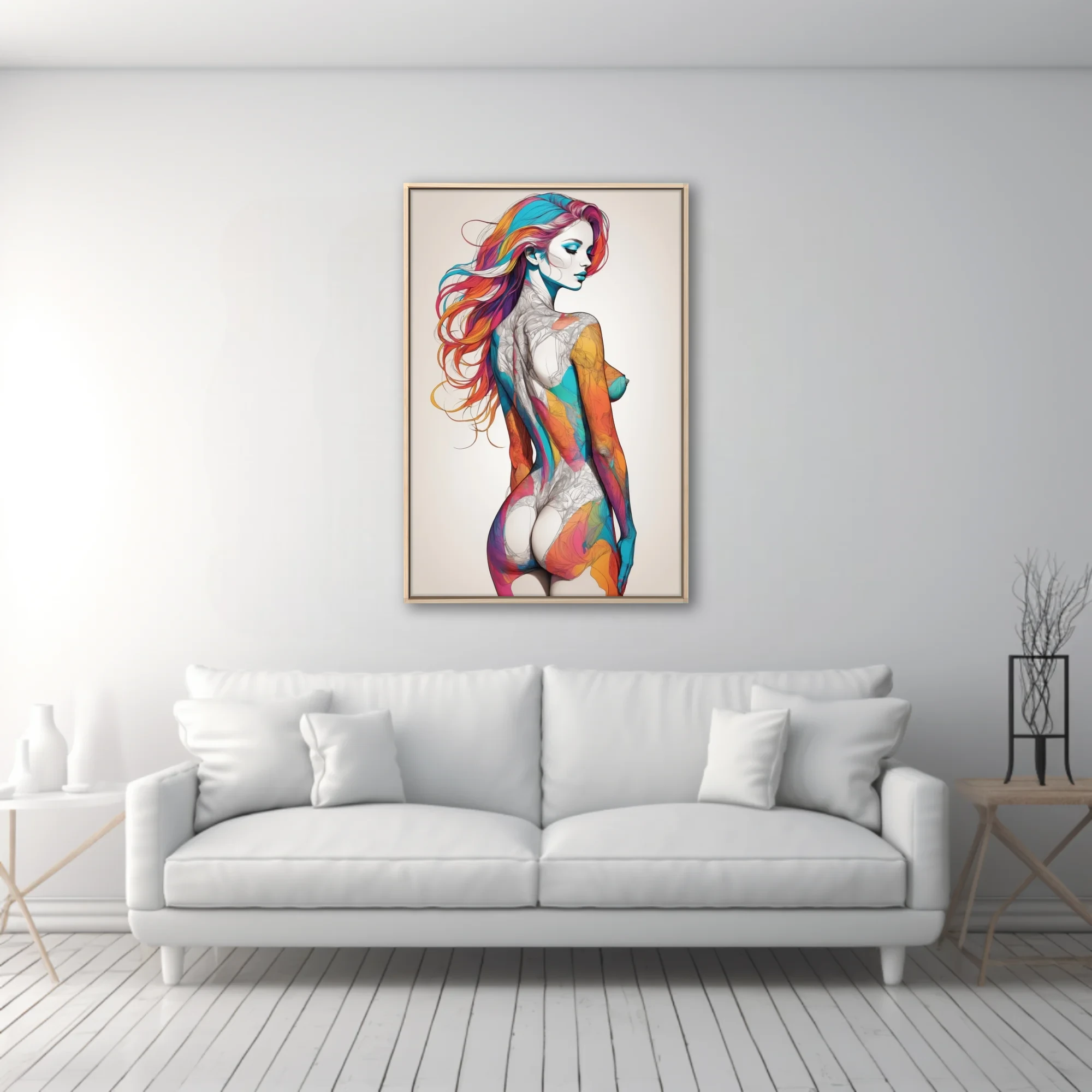 Colorful abstract figure study with rainbow hair and bold ink-style linework on white