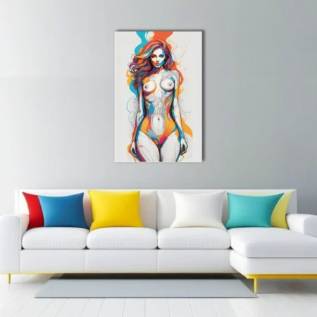 Abstract female figure study, bold teal orange magenta color-wash over pencil linework