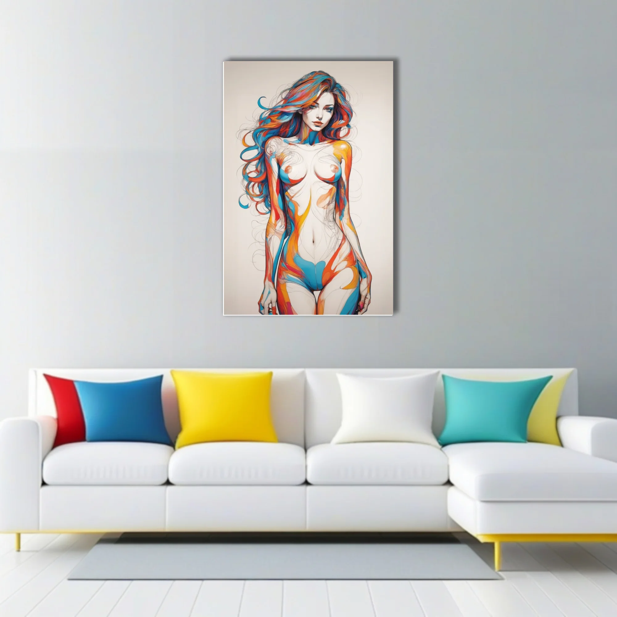Abstract female figure study with colorful painterly washes over pencil line art