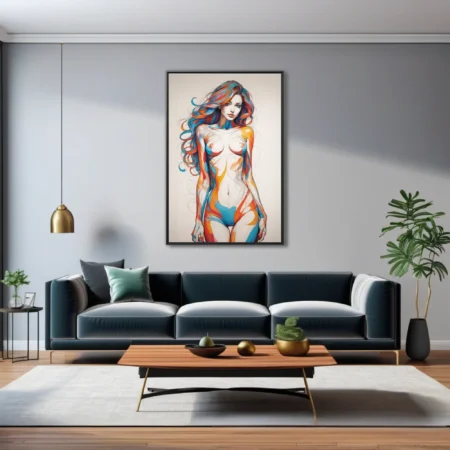 Abstract female figure study with colorful painterly washes over pencil line art