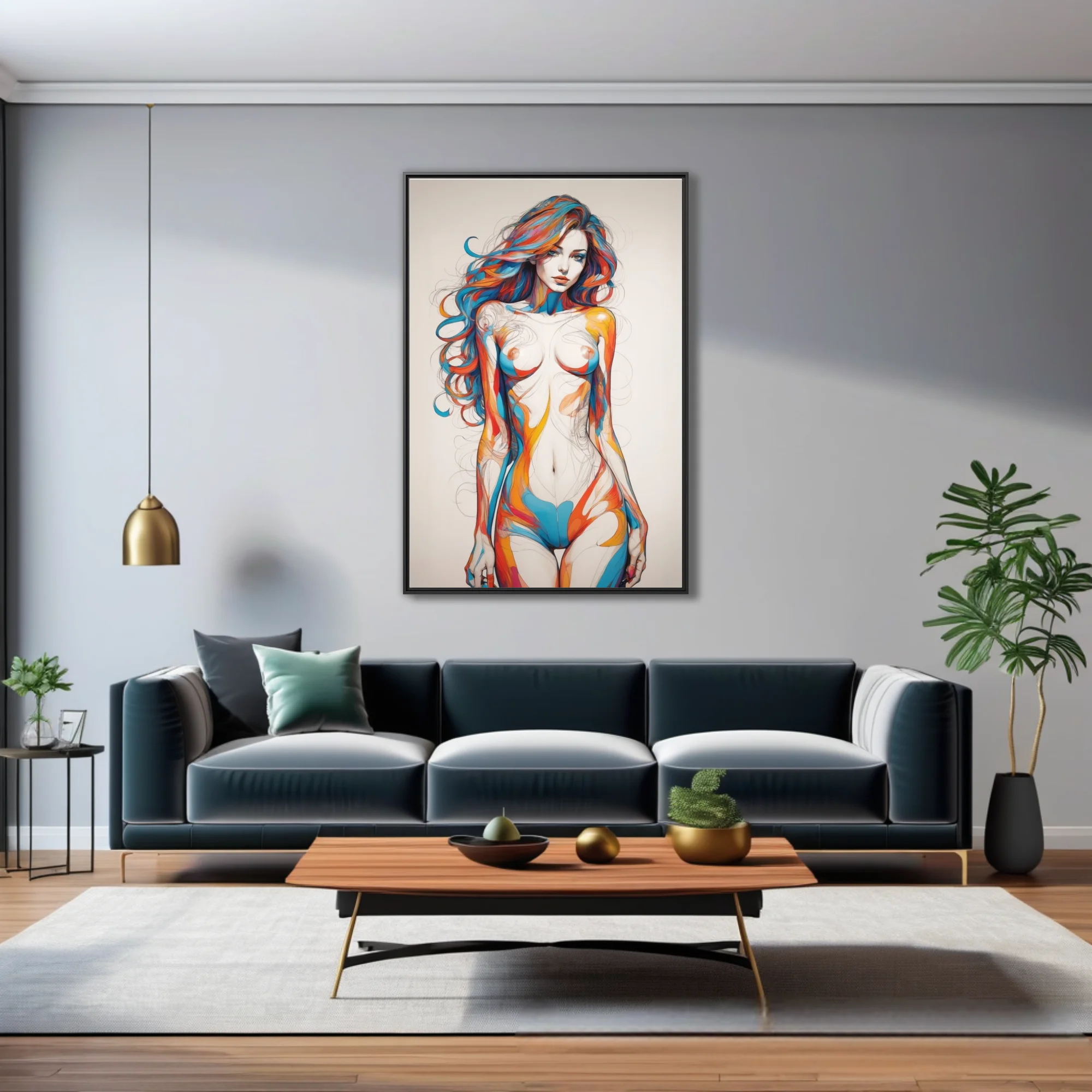 Abstract female figure study with colorful painterly washes over pencil line art