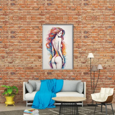 Colorful line-art figure study with flowing rainbow hair and watercolor-style washes