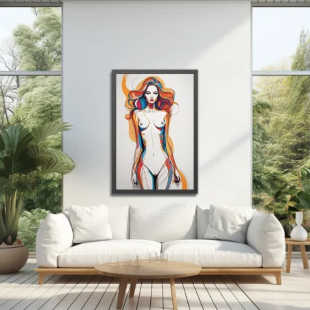 Colorful abstract line-art nude figure study with bold flowing multicolor ribbons