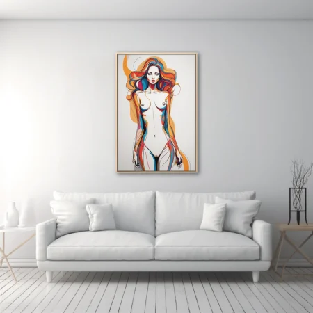 Colorful abstract line-art nude figure study with bold flowing multicolor ribbons