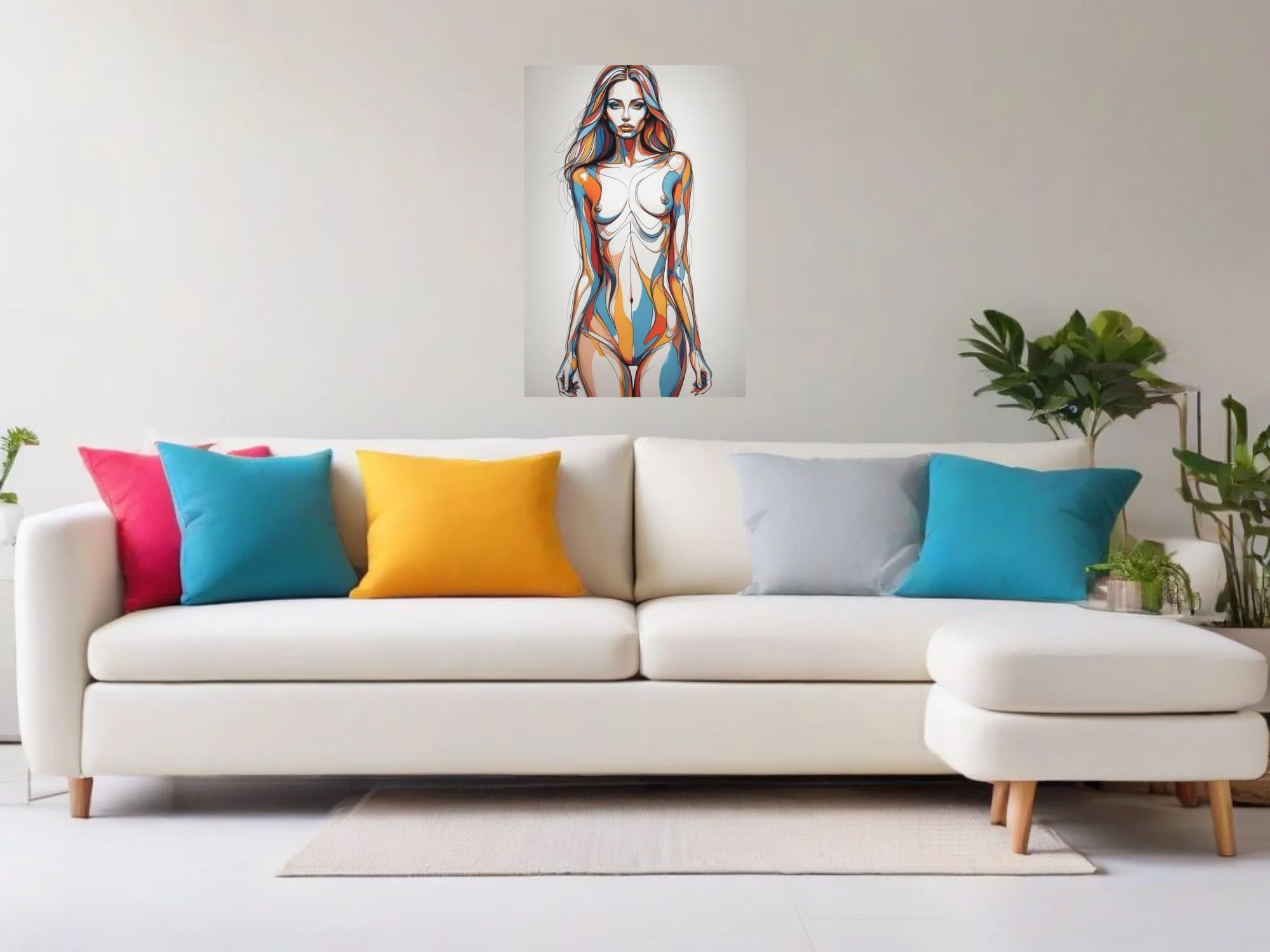 Abstract female figure study bold line art blue orange red fluid contours