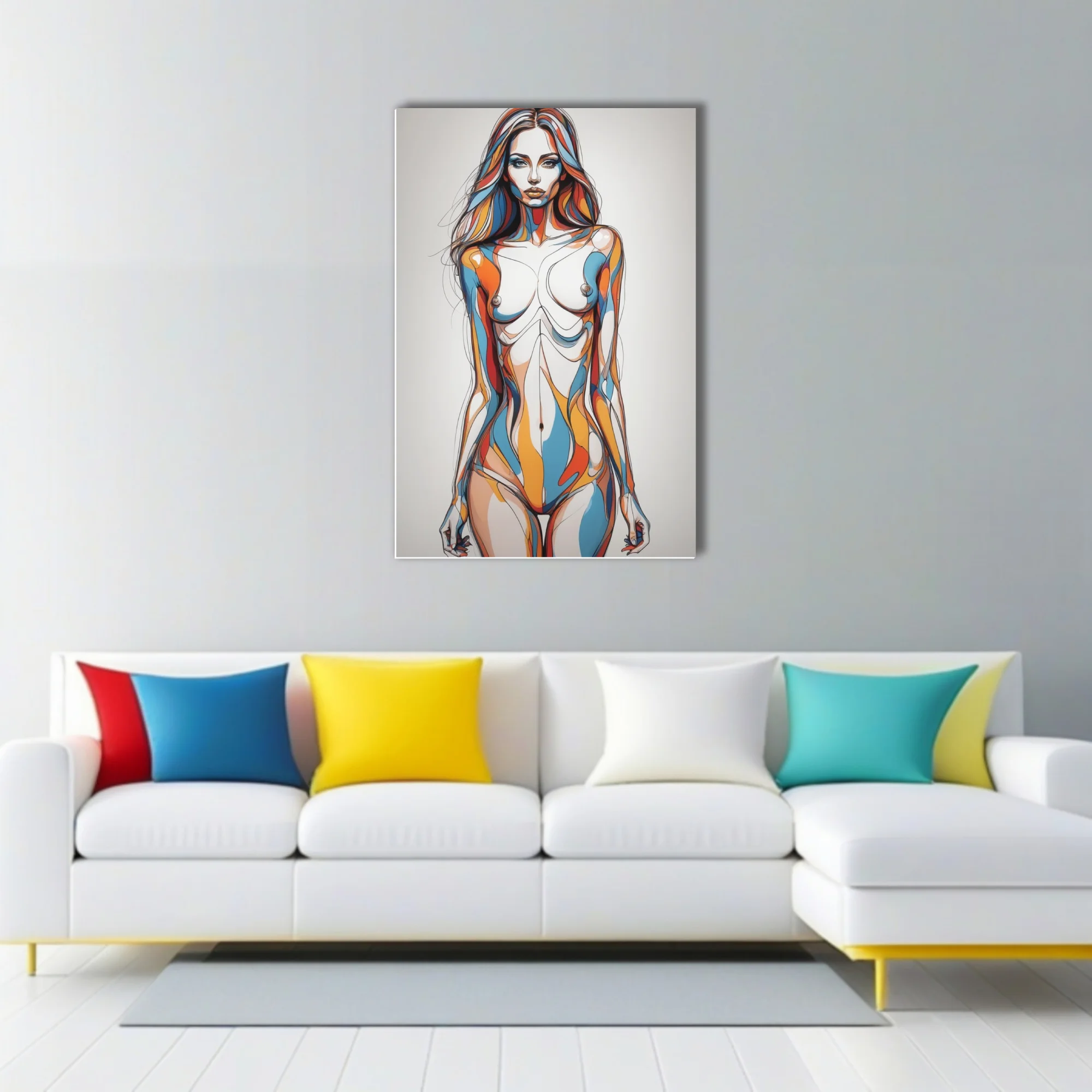 Abstract female figure study bold line art blue orange red fluid contours