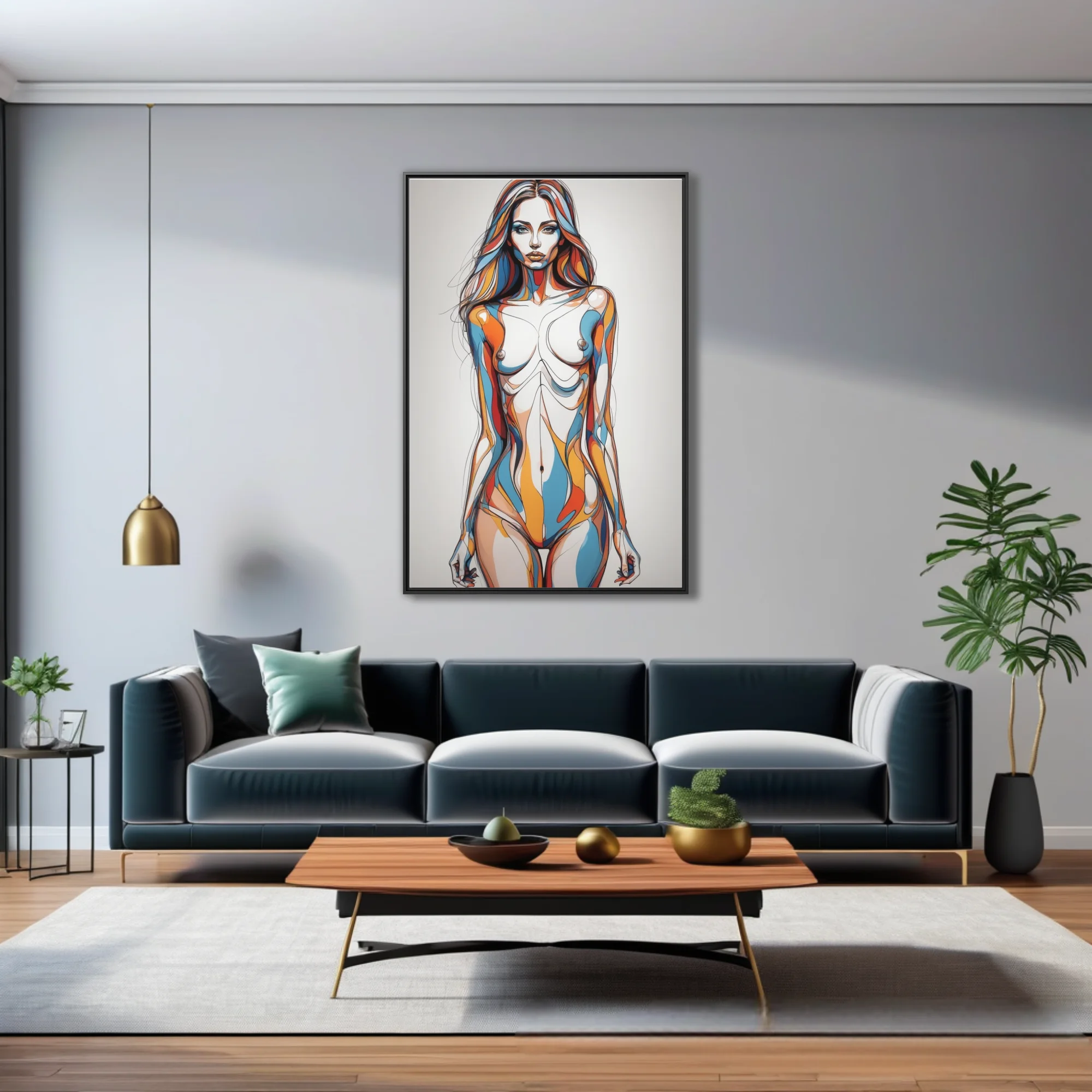 Abstract female figure study bold line art blue orange red fluid contours