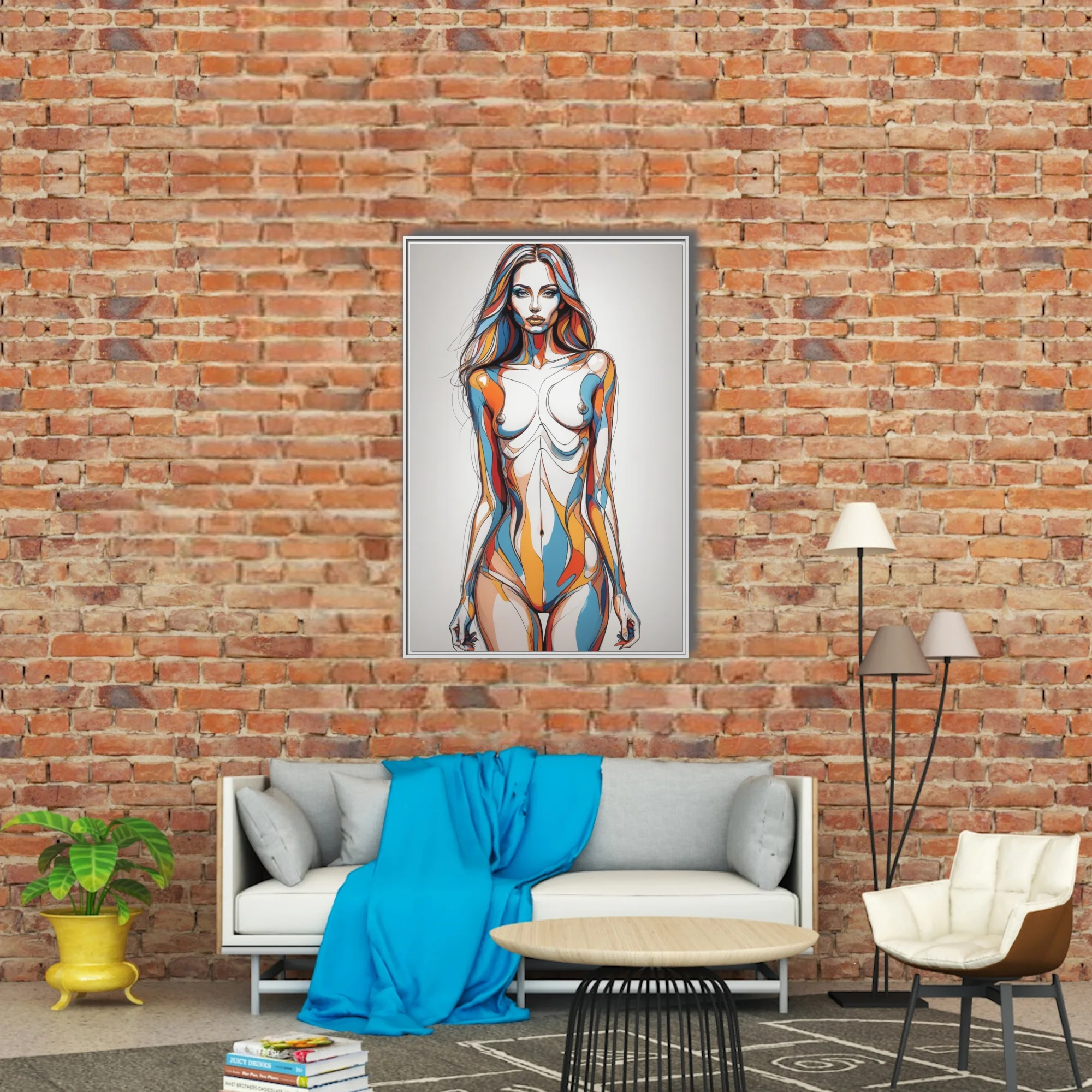 Abstract female figure study bold line art blue orange red fluid contours